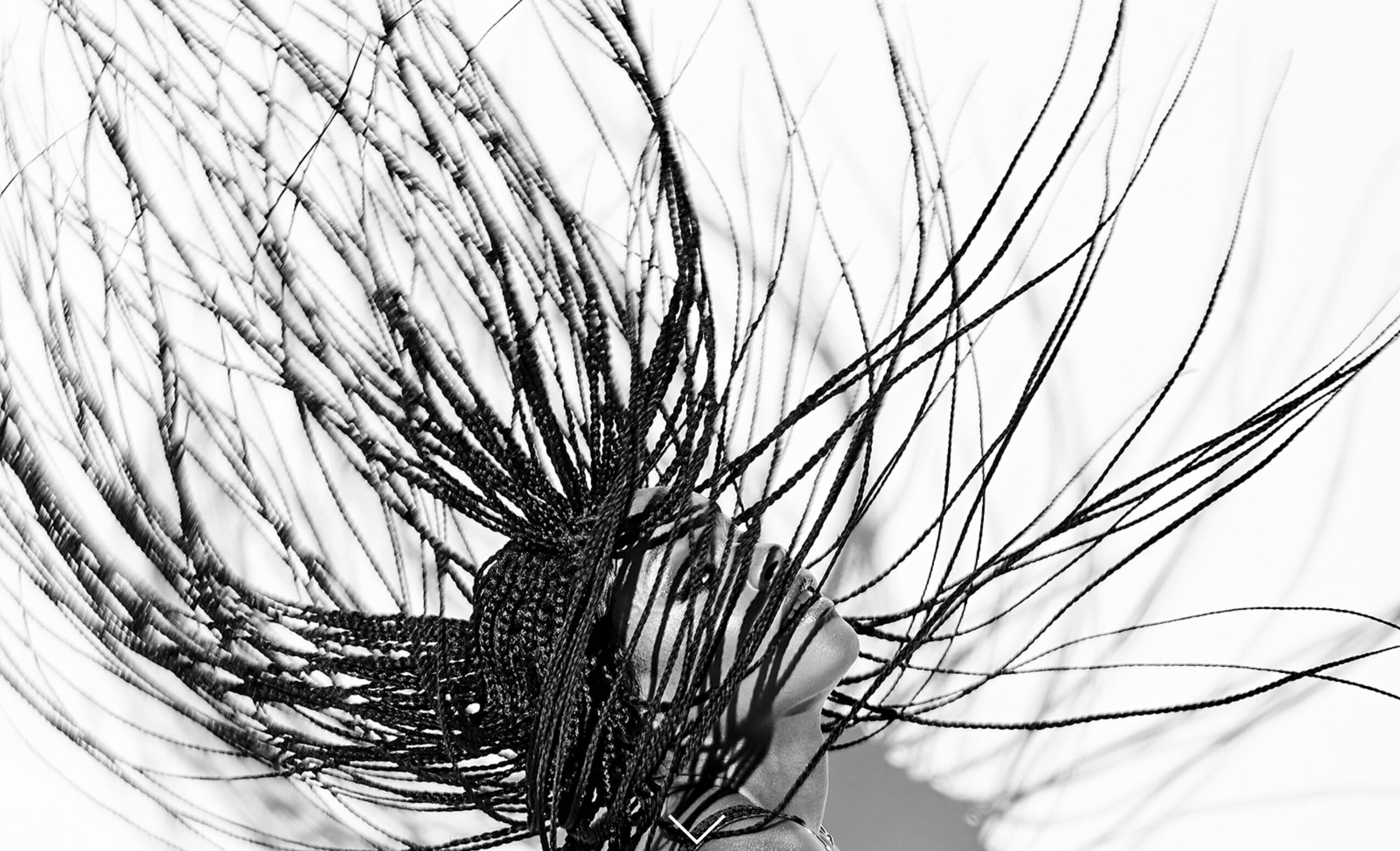 Close-up of tangled black hair with strands extending outward, on a white background.