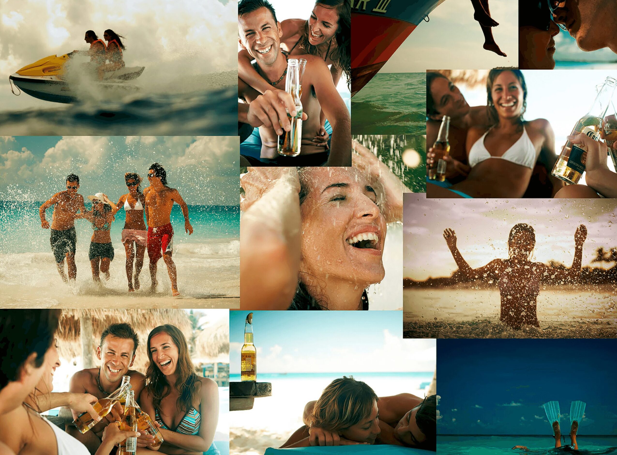 People enjoying water activities, drinking, and socializing at the beach and poolside, with smiling faces and sunny weather.