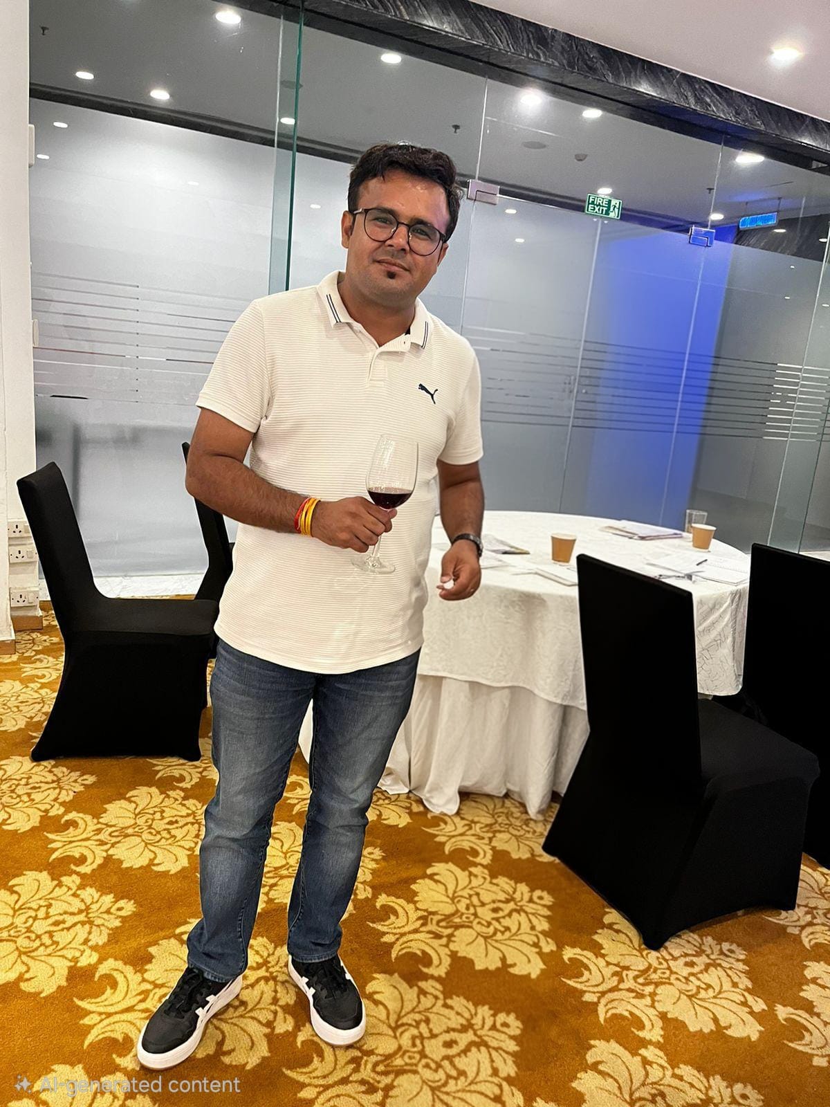 Man in white polo shirt and jeans holding a glass of red wine, standing in a banquet room with tables and chairs.