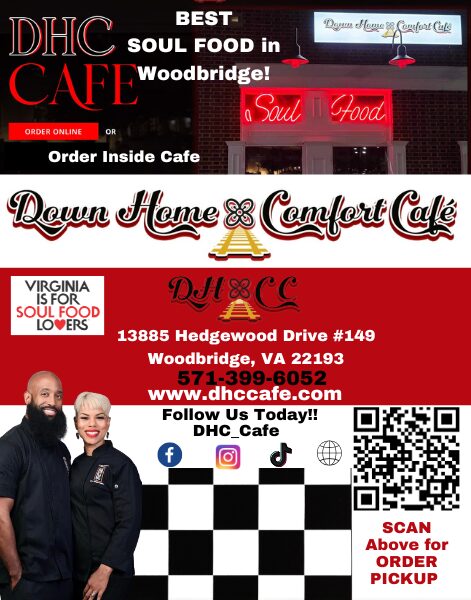 Sign for Down Home & Comfort Cafe with neon sign, logo, and a woman in uniform, black and white checkered background.