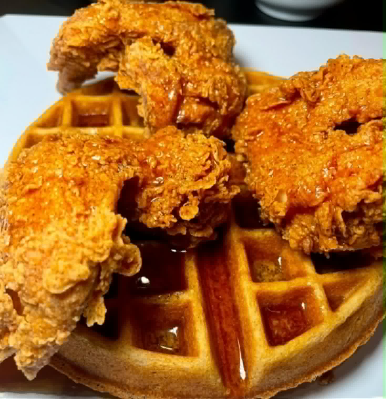 Fried chicken pieces on a waffle with syrup, close-up view.