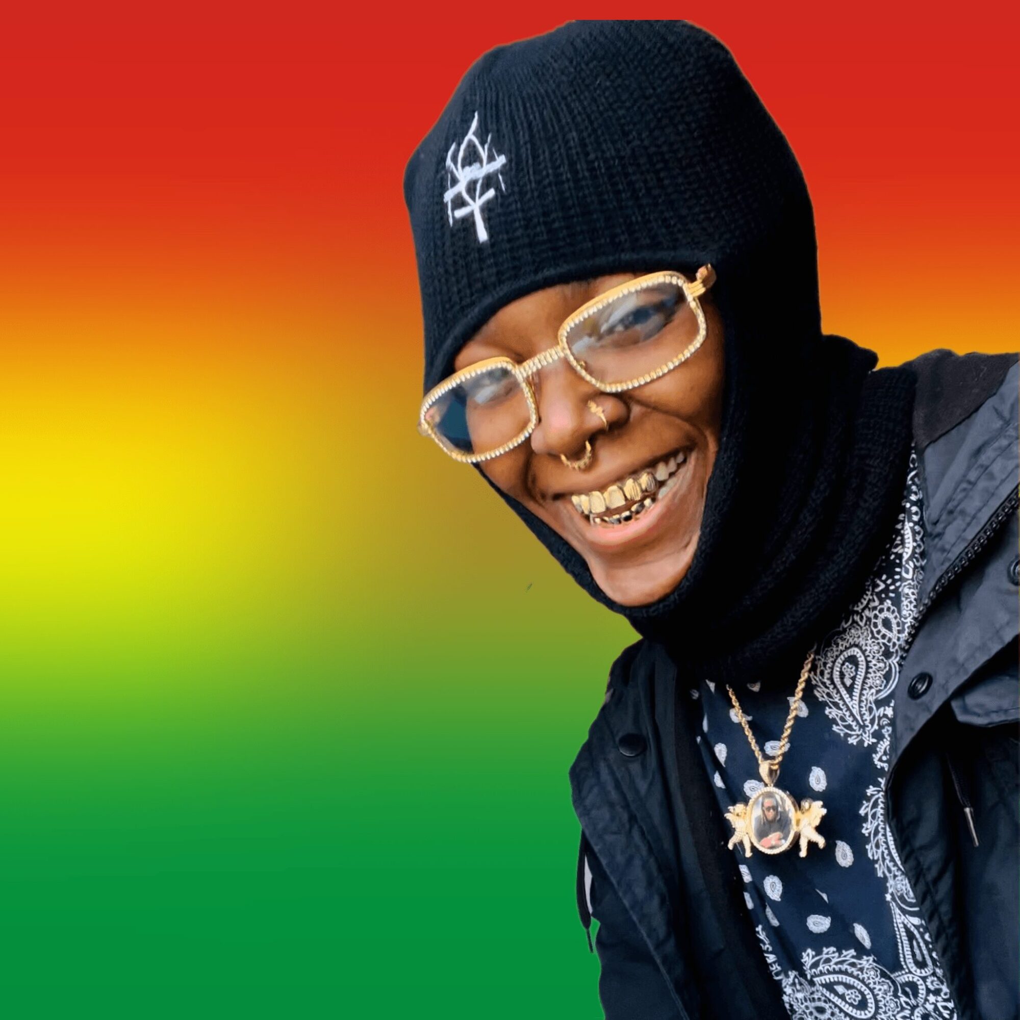 Person smiling, wearing glasses, a beanie, and jewelry, against a rainbow gradient background.