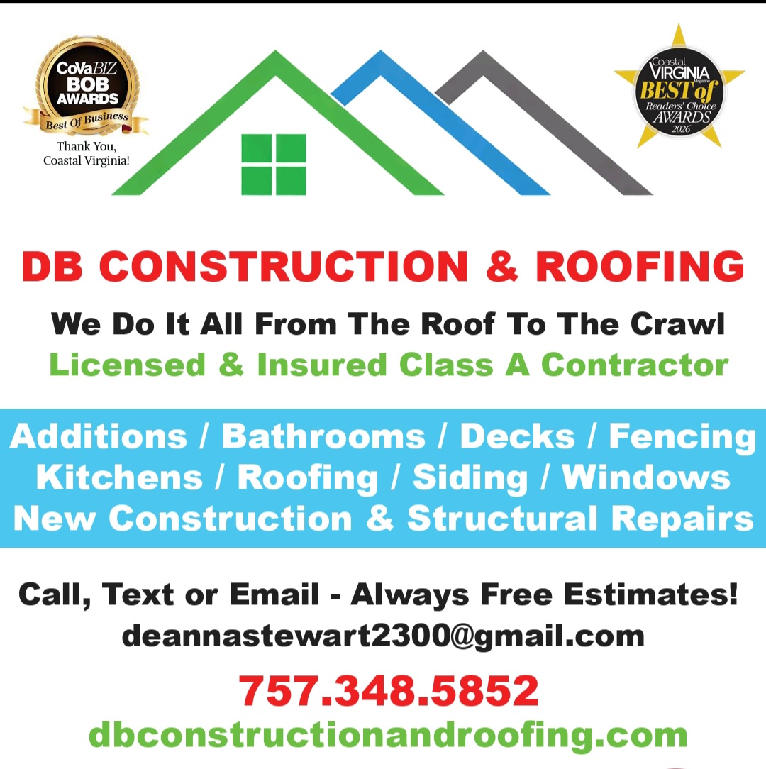 Business card for DB Construction & Roofing with contact info, services, and awards, featuring colorful roof icons and text.