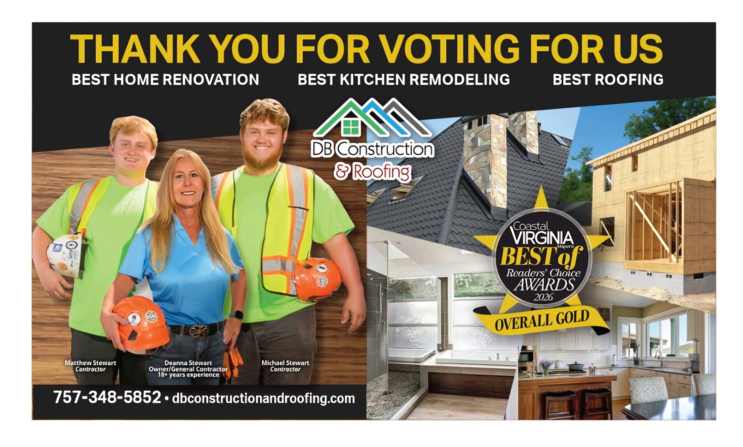 Three people in safety vests and a woman in a blue shirt holding tools, with house renovation images and awards in background.