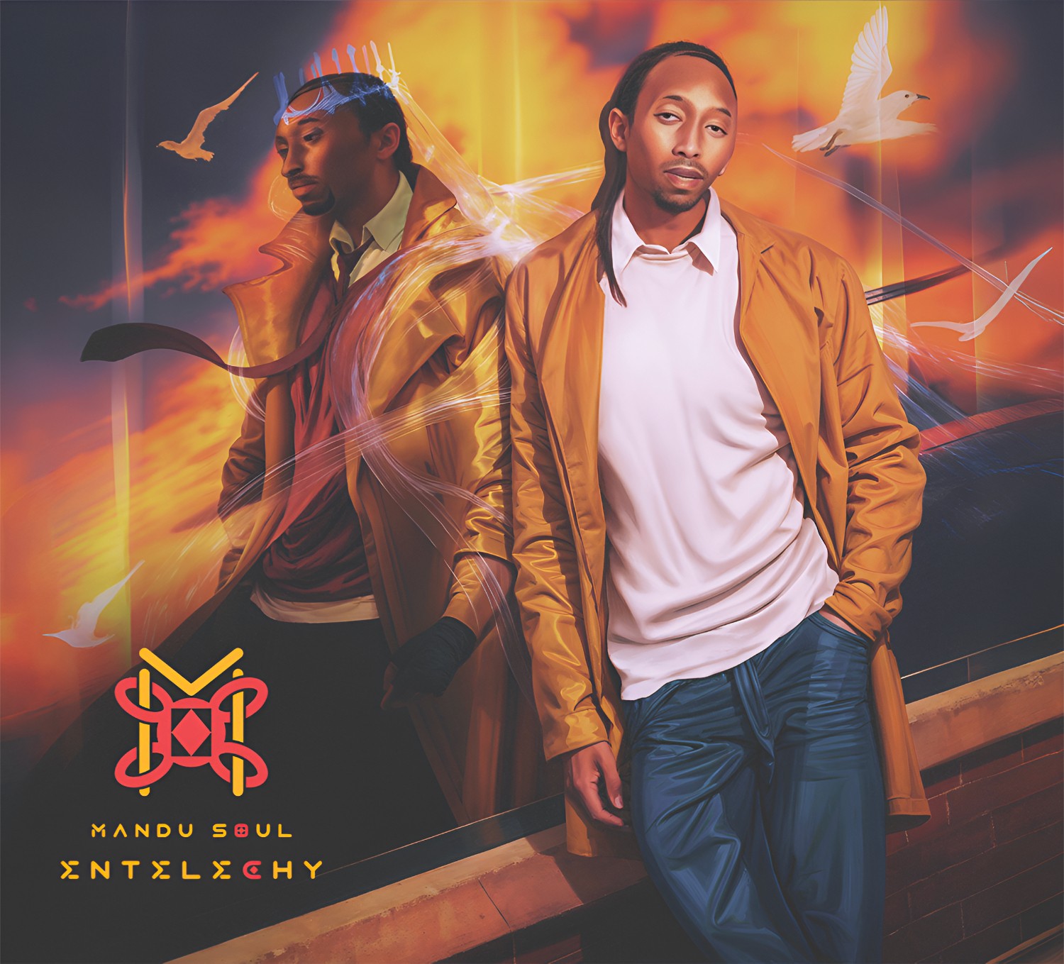 Two men stand in front of a colorful mural with birds, one in a tan coat and white shirt, the other reflected behind him.