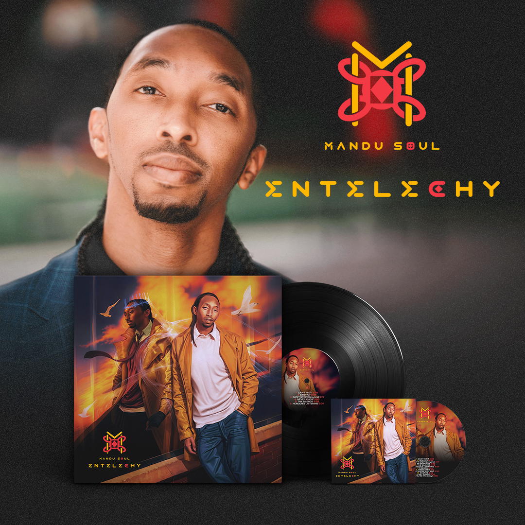 Portrait of a man with a vinyl record, album cover, and logo in the background, with text in a stylized font.