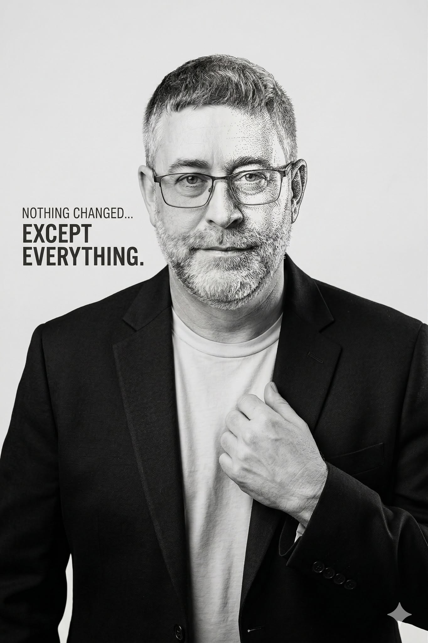 Man with glasses and beard wearing a blazer, holding his lapel, with text 'Nothing changed... Except everything.'