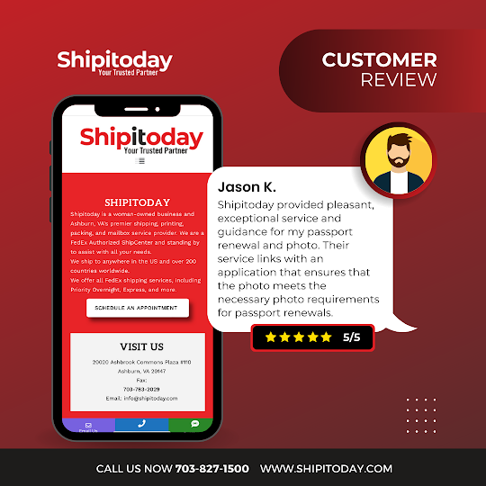 Customer review from Jason K. praising Shipitoday for passport renewal service, five-star rating, with a smartphone displaying the company's app, red background.