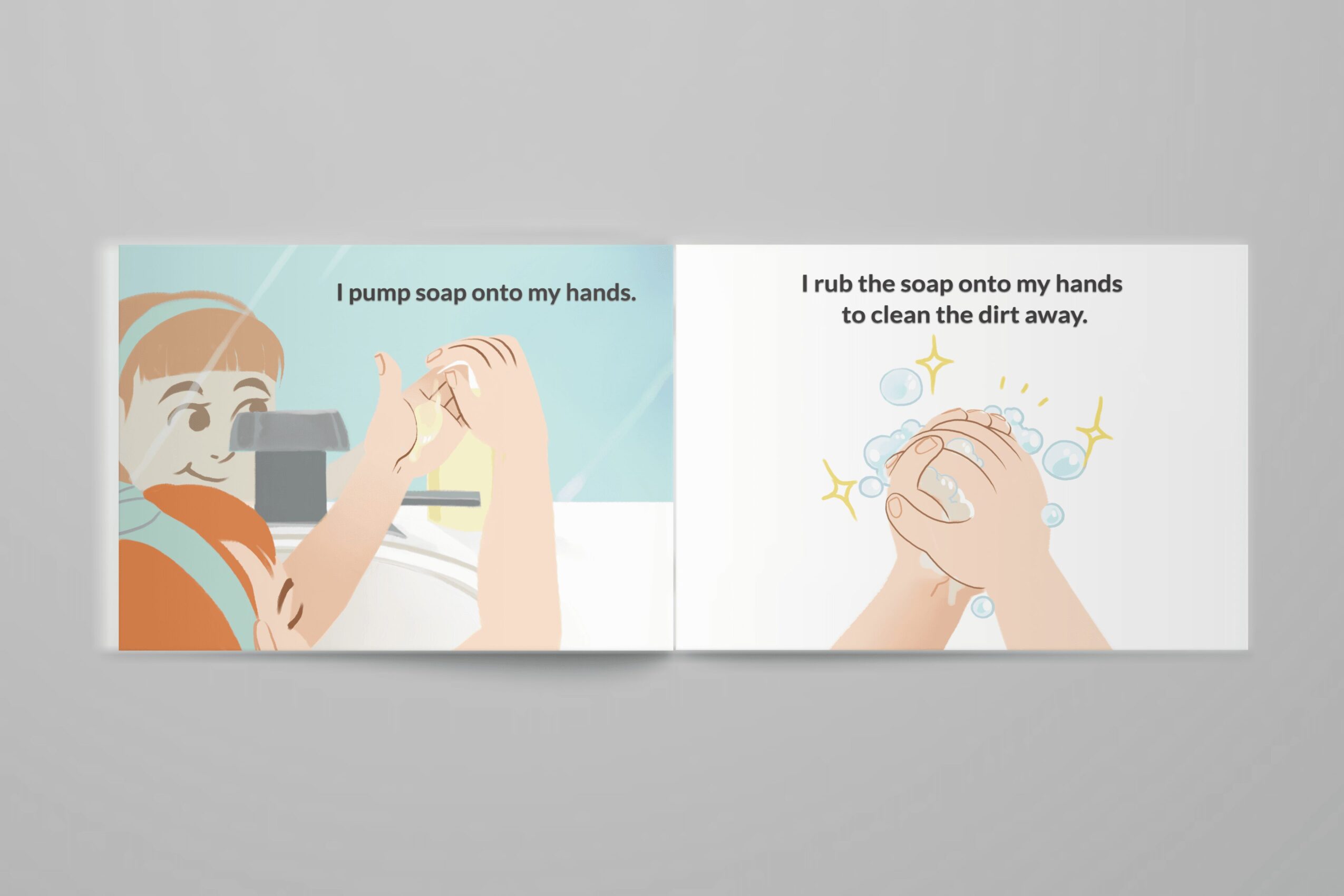 A person washing hands with soap, with text about pumping soap and rubbing hands to clean dirt, in a cartoon style.