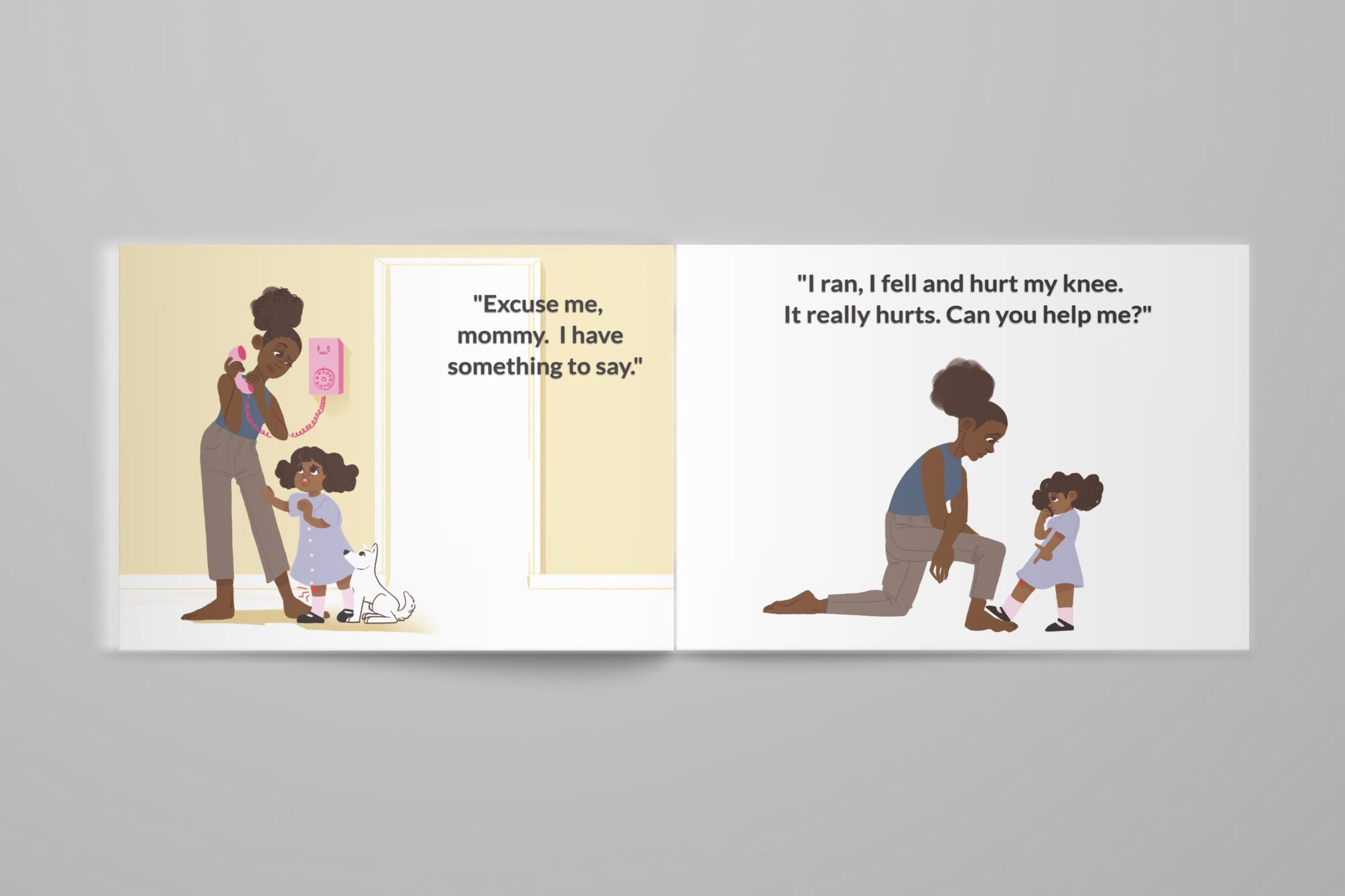 A woman and a child kneeling on the ground, with the woman comforting the child. Text: 'Excuse me, mommy, I have something to say.' and 'I ran, I fell and hurt my knee. It really hurts. Can you help me?'