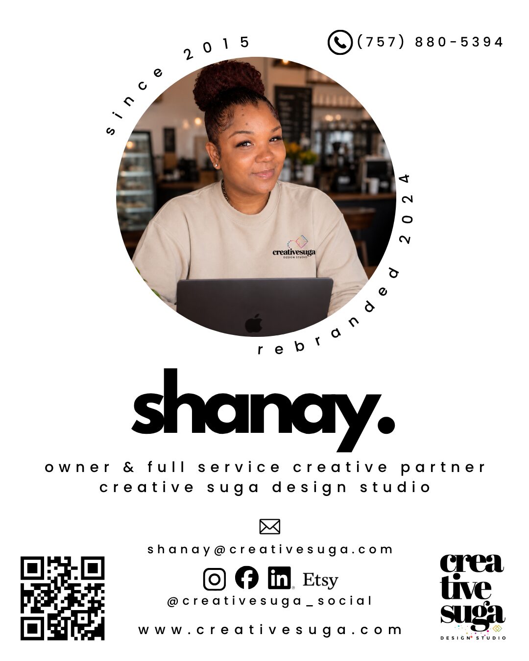 Woman with dark hair in a bun smiling at a laptop in a cafe, wearing a beige shirt. Circular design with contact info and social media icons.