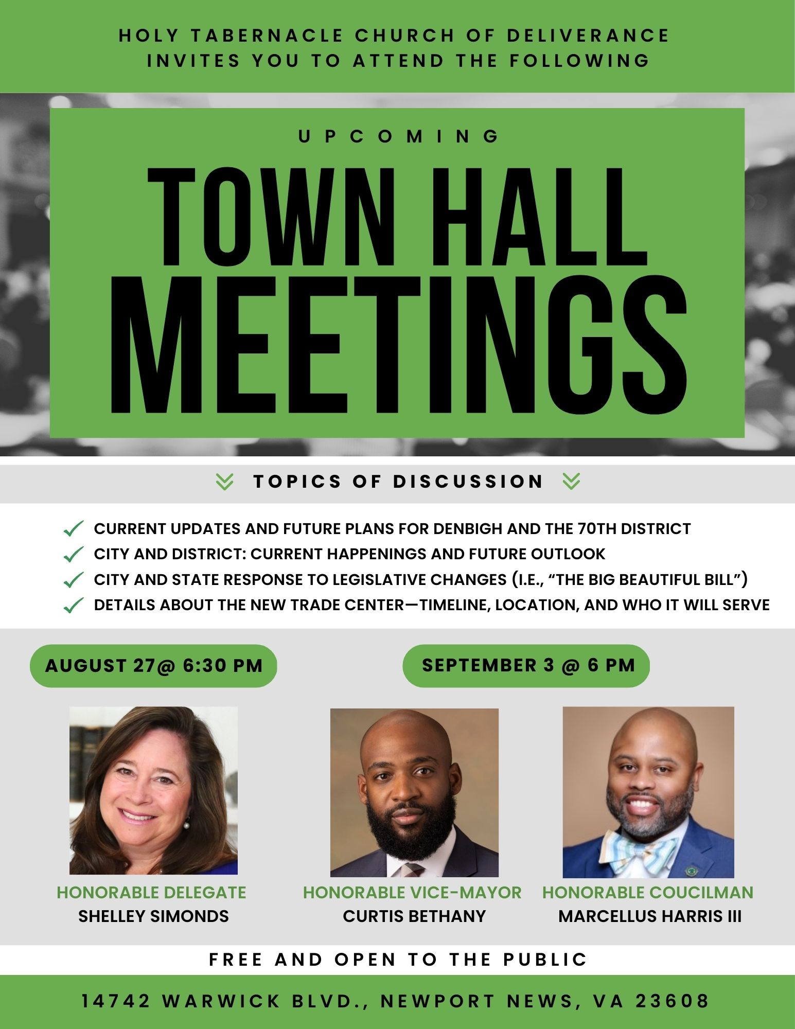 Green poster announcing town hall meetings with dates, topics, and images of three officials, including Shelley Simmonds, a vice-mayor, and a councilman.