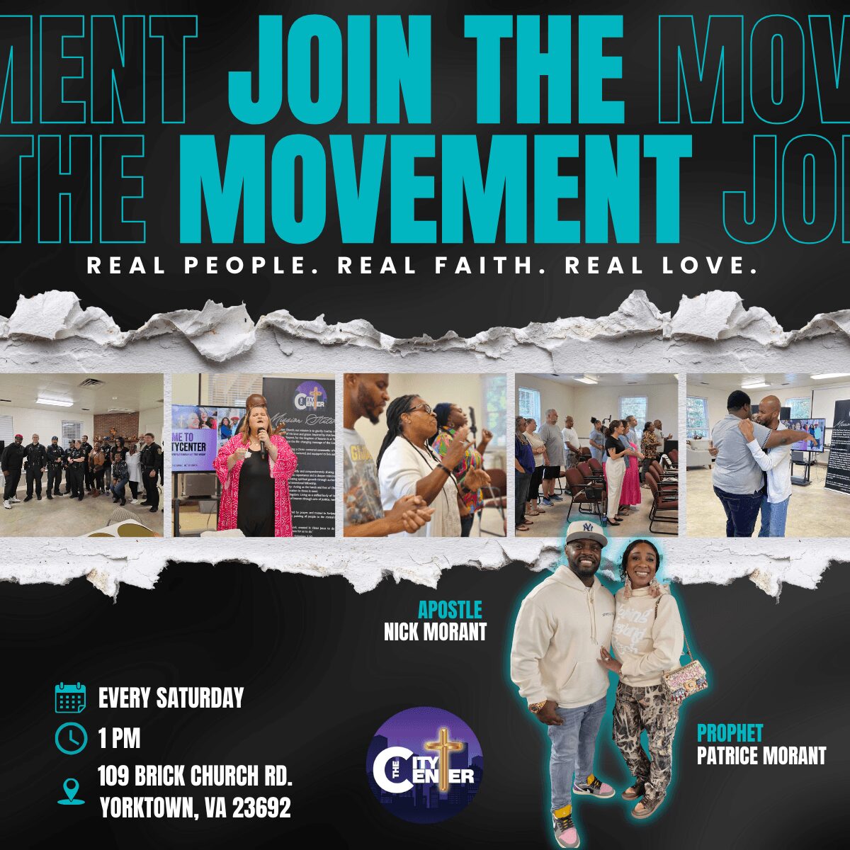 Promotional poster for a movement event with people gathering, speaking, and singing, featuring a man and woman in the foreground.