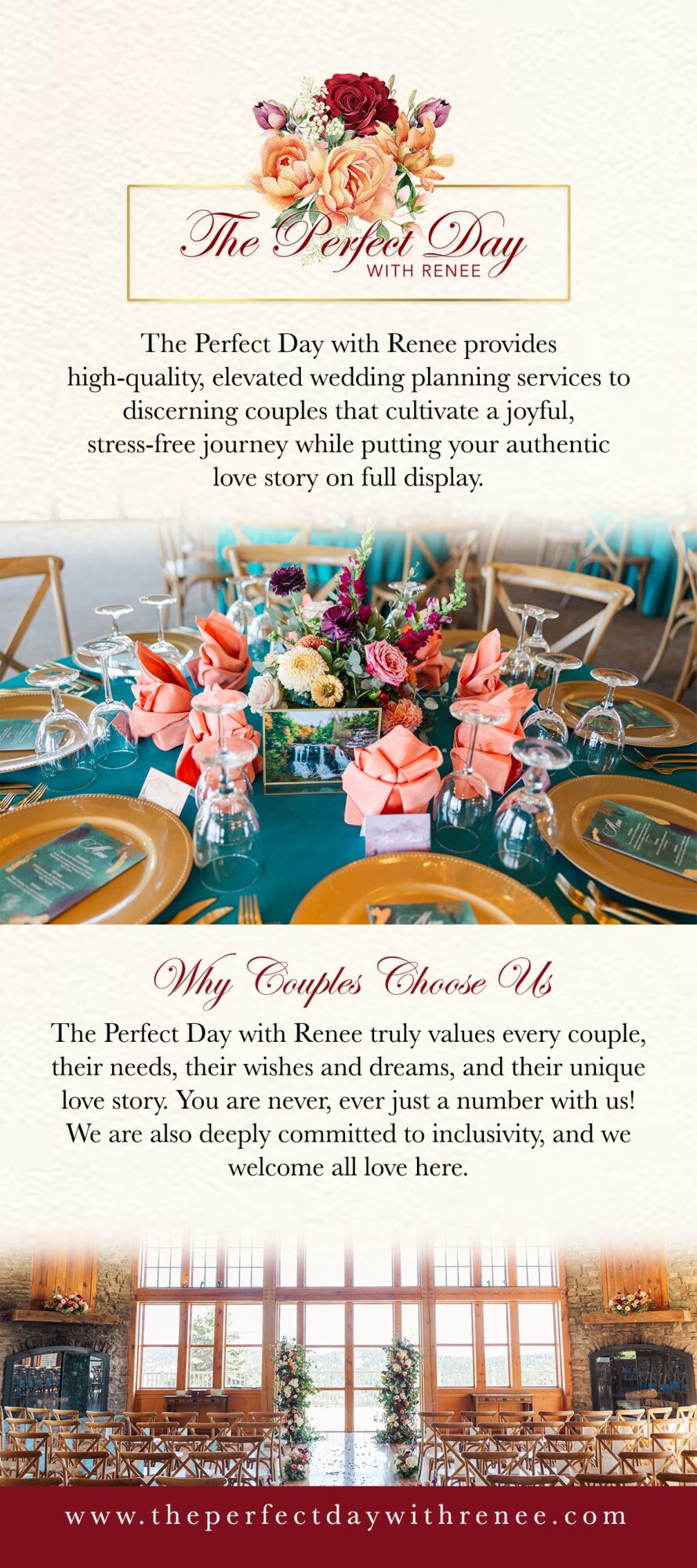 Decorative table with pink and white flowers, pink bows, and tableware, with a windowed background and a sign reading 'The Perfect Day'.