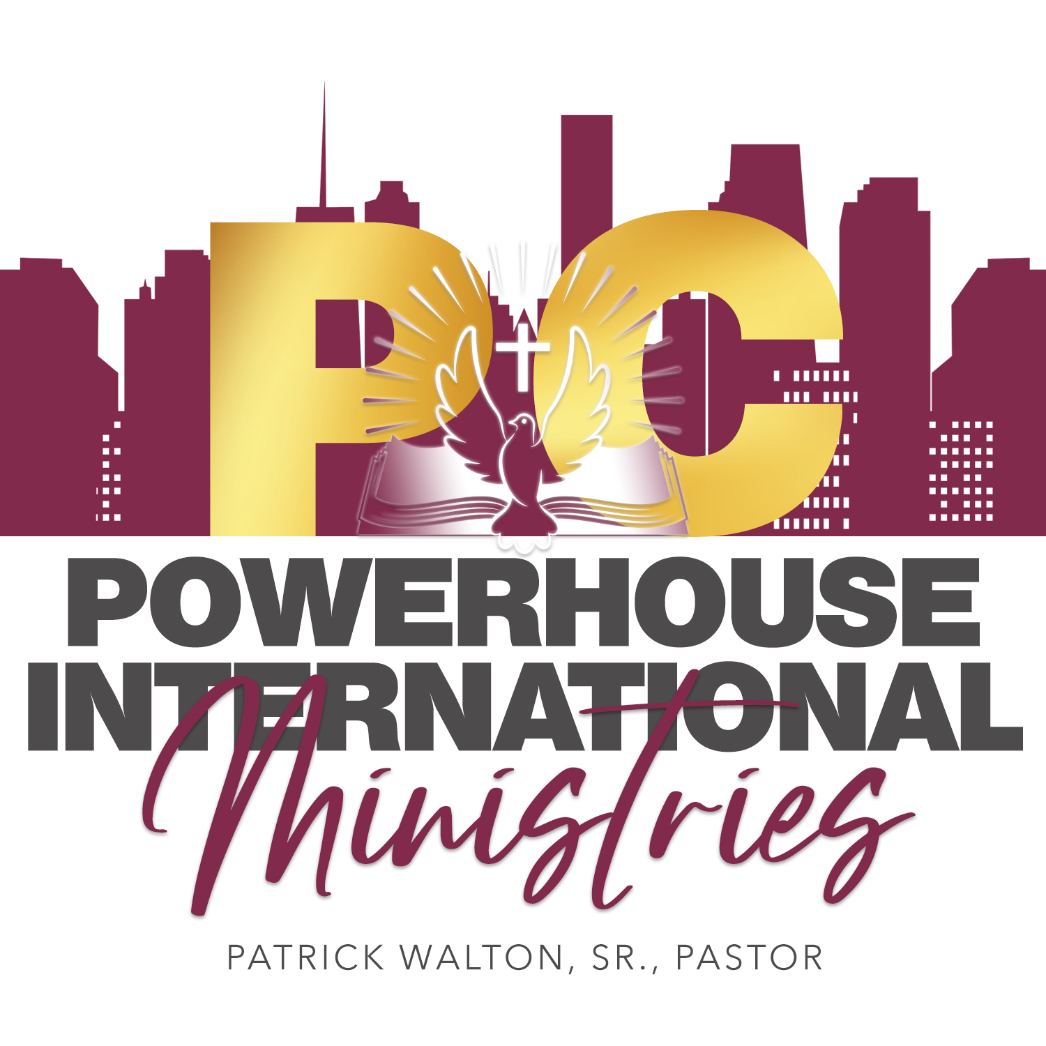 Logo with city skyline, large gold letters 'P' and 'O', wings, cross, and text for Powerhouse International Ministries, pastor's name.