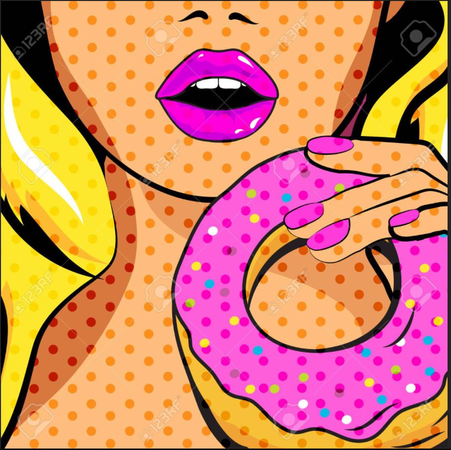 Close-up of a woman with pink lips holding a pink frosted donut with colorful sprinkles.
