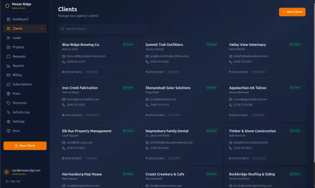 Screenshot of a client management dashboard with a dark theme, showing client names and contact details.