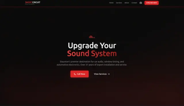 Website homepage with a dark background, red and white text promoting sound system upgrades, and a call-to-action button.
