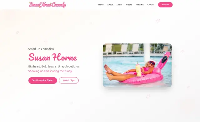 Website homepage with a pink logo, navigation menu, and a photo of a child relaxing on a pink float in a pool.