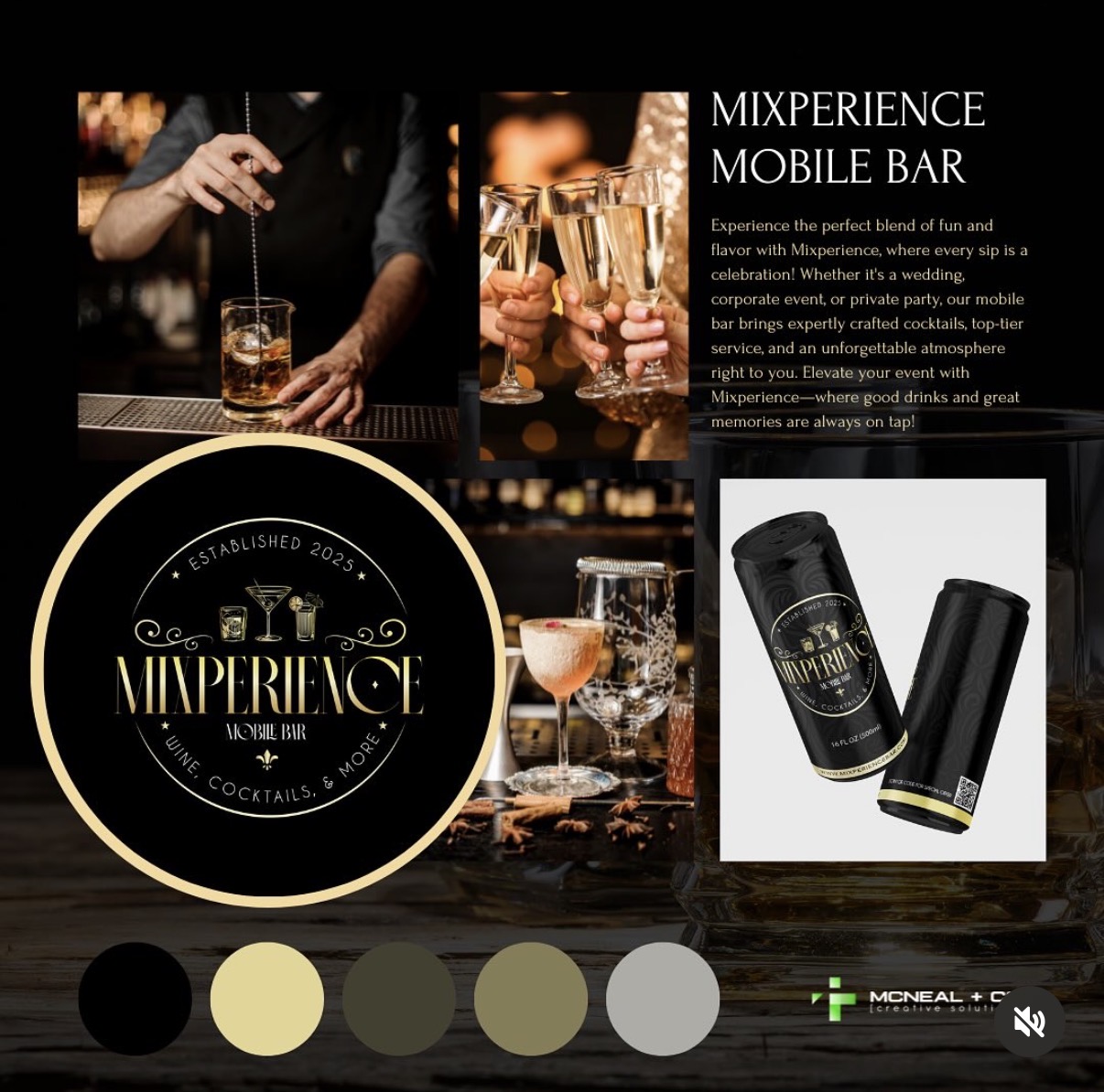 Promotional image for Mixperience Mobile Bar featuring drinks, a logo, and product containers, with text about the experience.