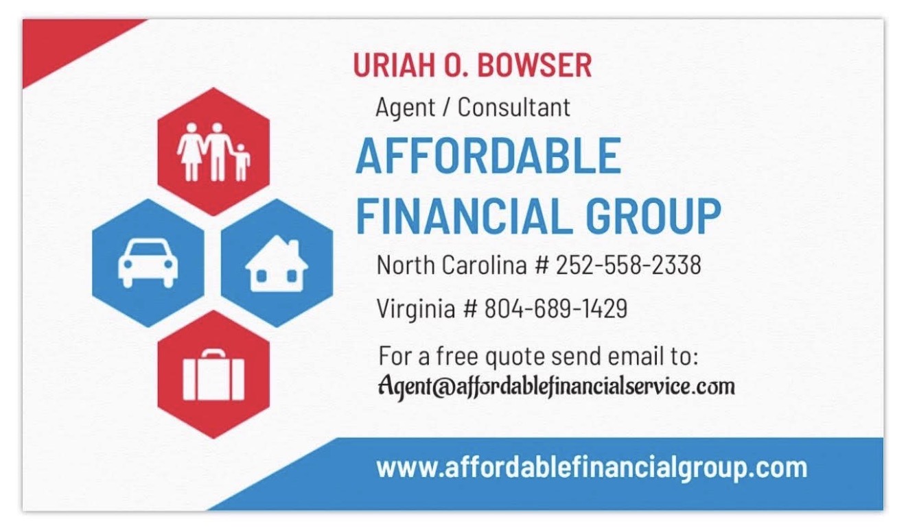 Business card with red, blue, and white design, contact details, and website for Affordable Financial Group.