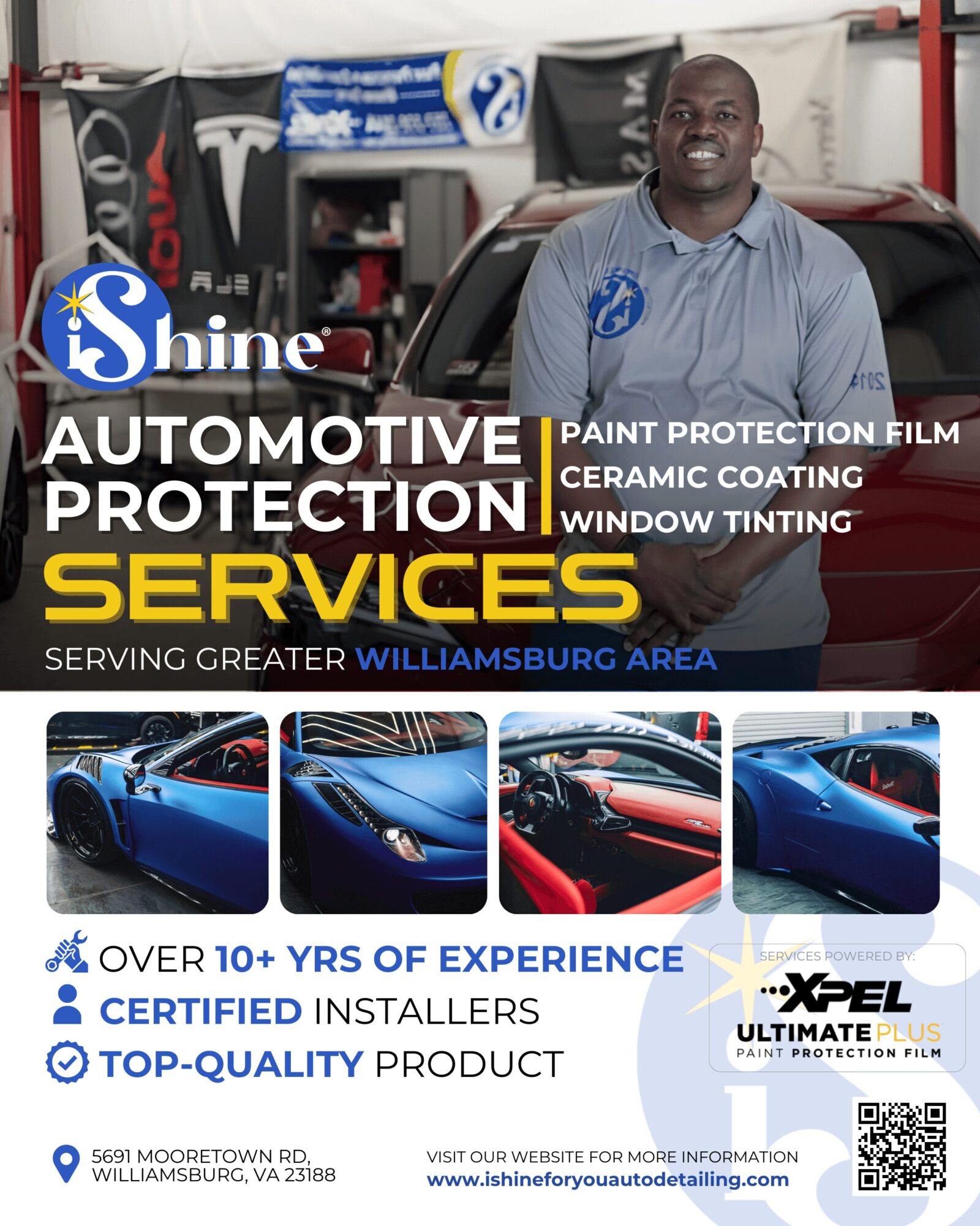 Man in a workshop with cars and banners, promoting automotive protection services, with four car images below, and text about experience and services.