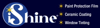 Blue background with white and yellow text listing services: paint protection, ceramic coating, window tinting, with a logo.