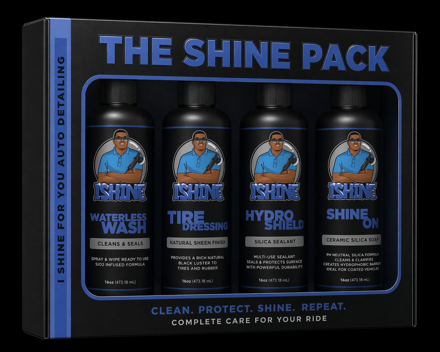 Black box set labeled 'The Shine Pack' contains four bottles of car care products with blue labels and images of a person cleaning a car.