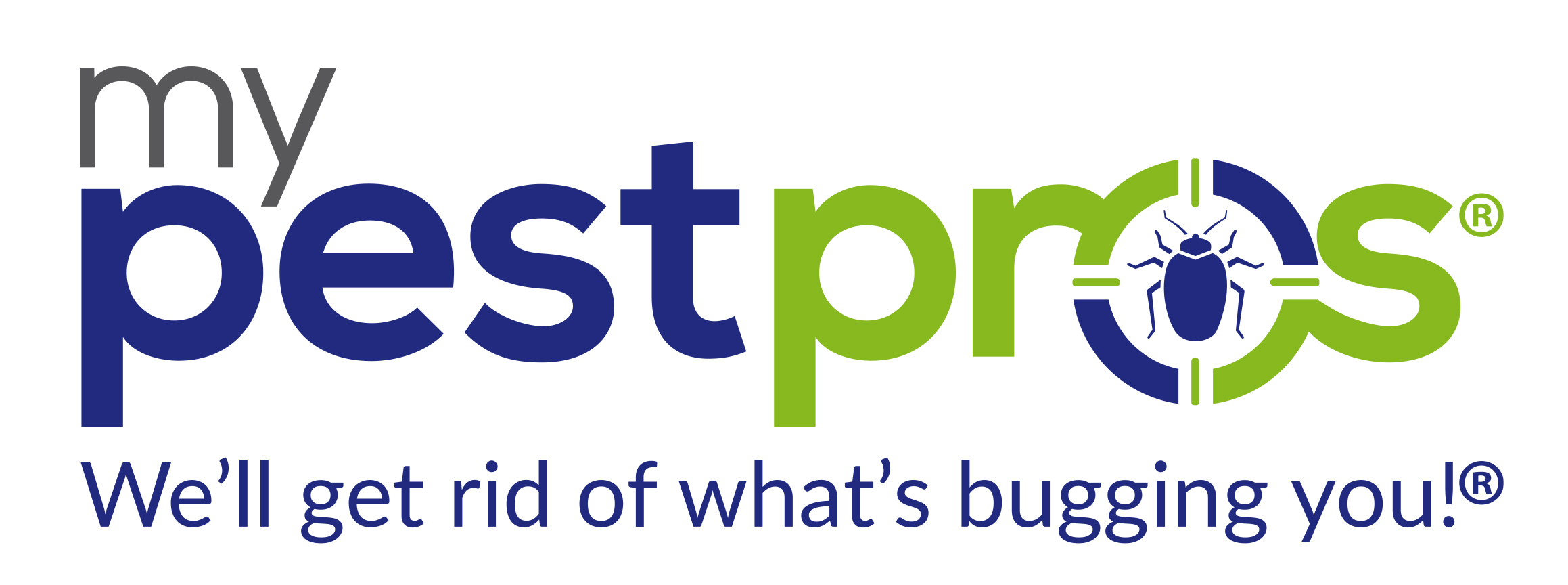 Logo with text 'my pest pros' and slogan 'We'll get rid of what's bugging you!'.