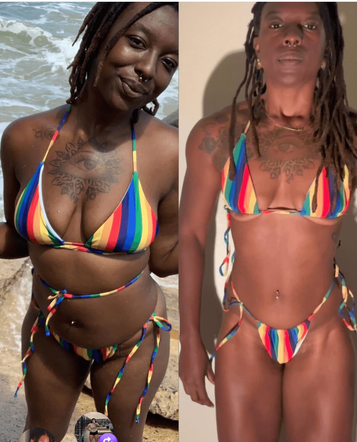 Two women in rainbow bikinis, one at the beach and one indoors, both with long dreadlocks and tattoos.