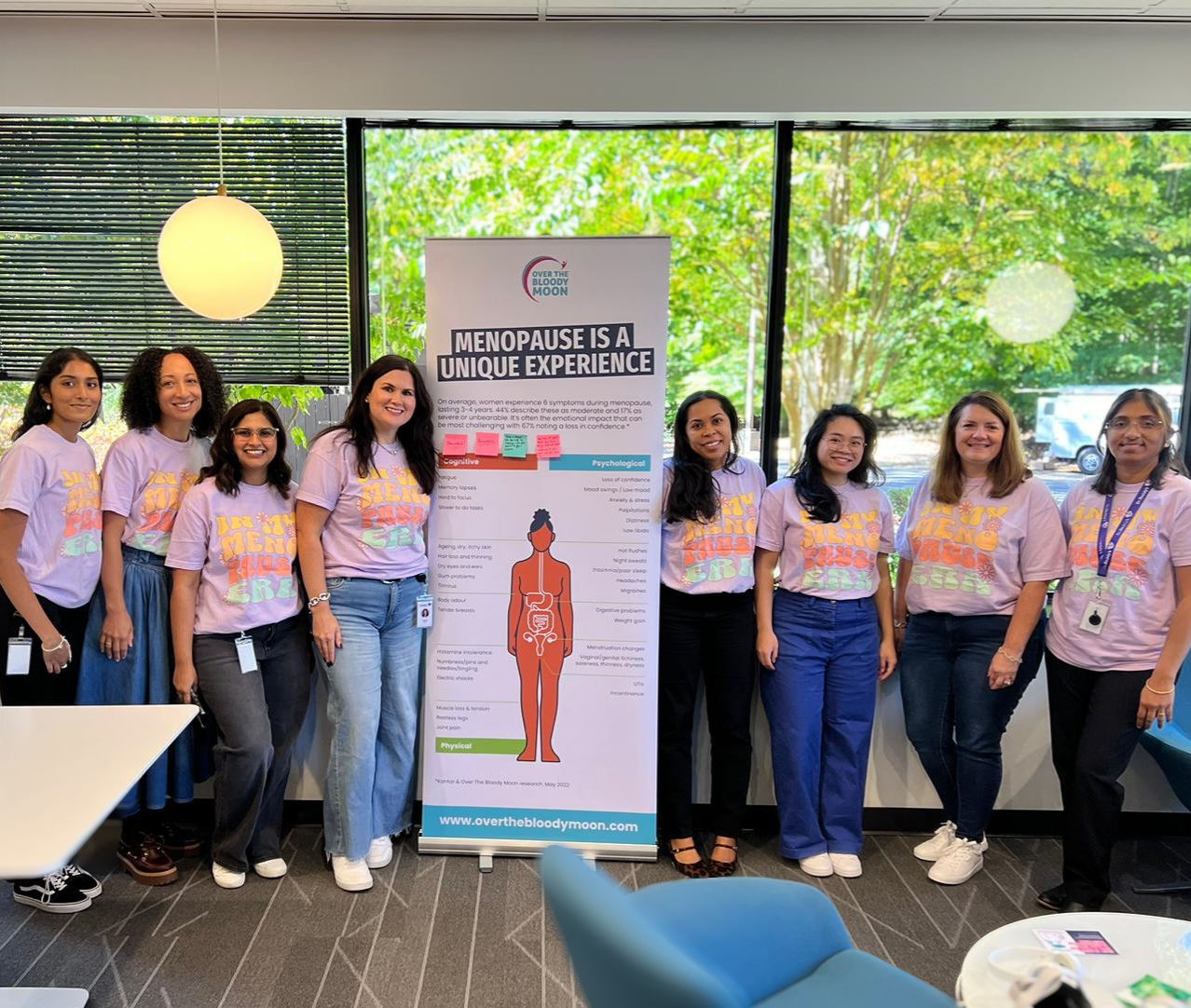 Group of seven women standing indoors next to a poster about menopause, with large windows and greenery outside, in a bright room.
