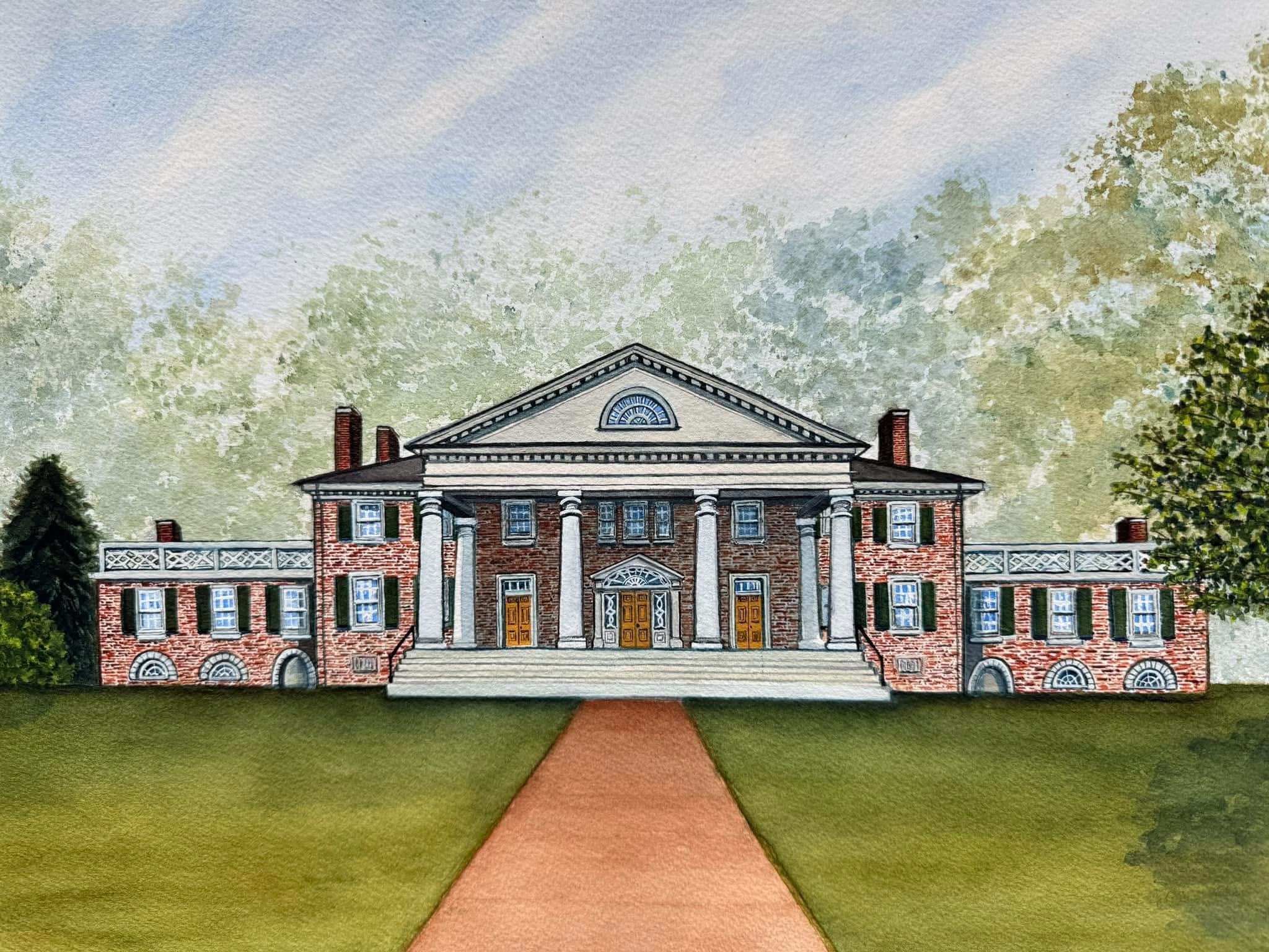 Large historic building with columns, brick walls, and a central staircase, surrounded by trees and a grassy area.
