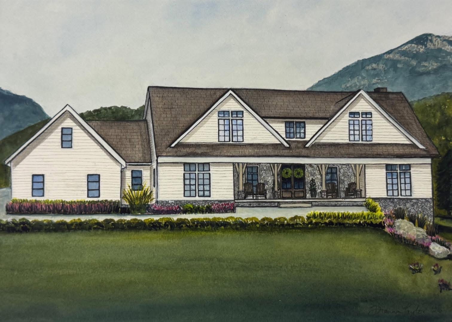 Large house with multiple gabled roofs, front porch, surrounded by a lawn and mountains in the background.
