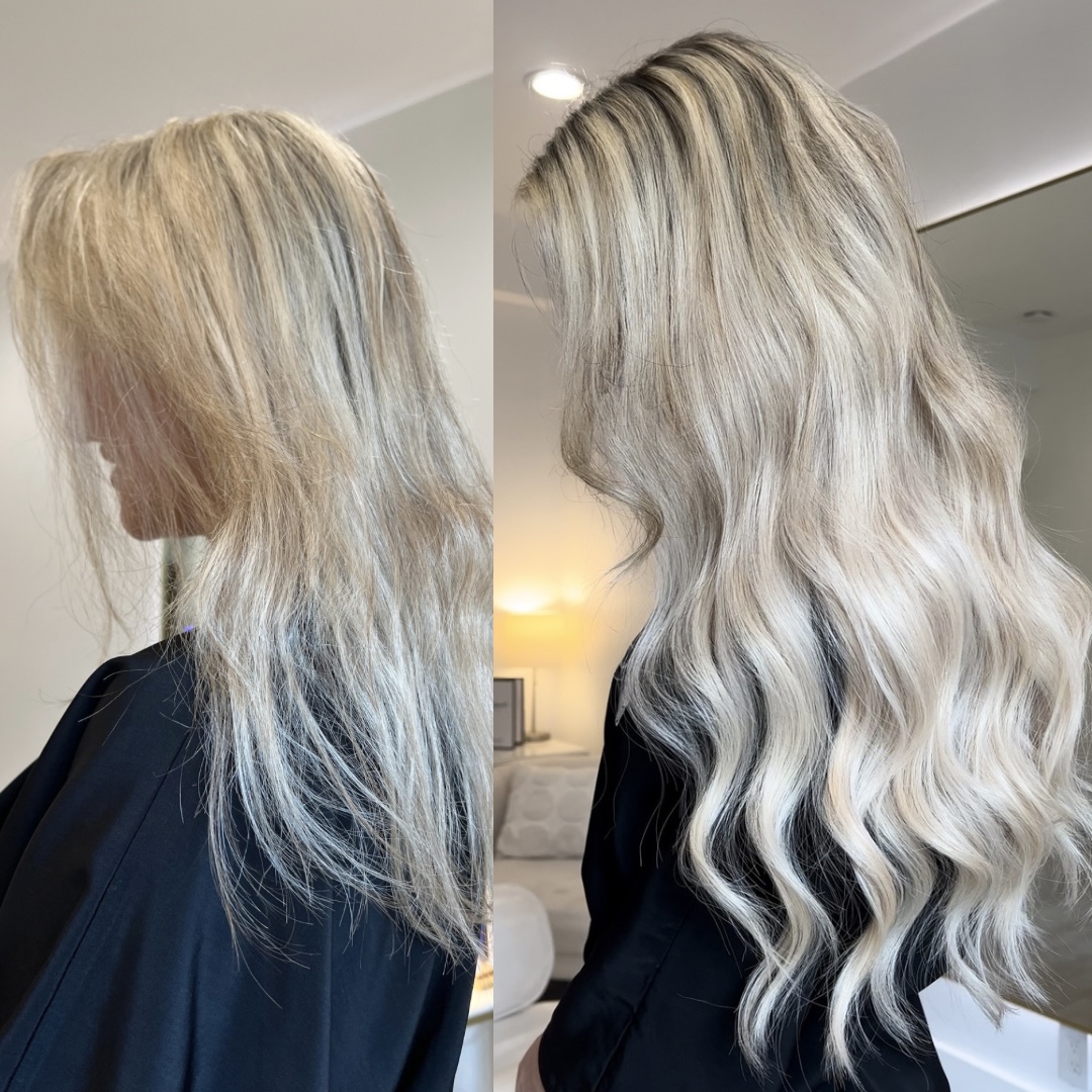 Side-by-side images of a woman with blonde, wavy hair before and after styling, showing improved hair texture and color. Word count: 20