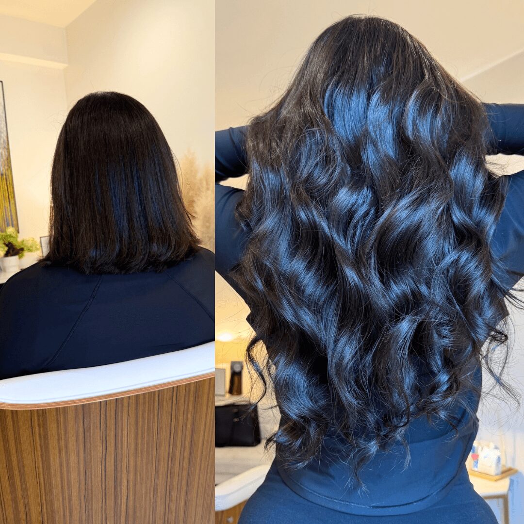 Side-by-side images of a woman with shoulder-length straight hair and long wavy hair, both in dark color, indoors.