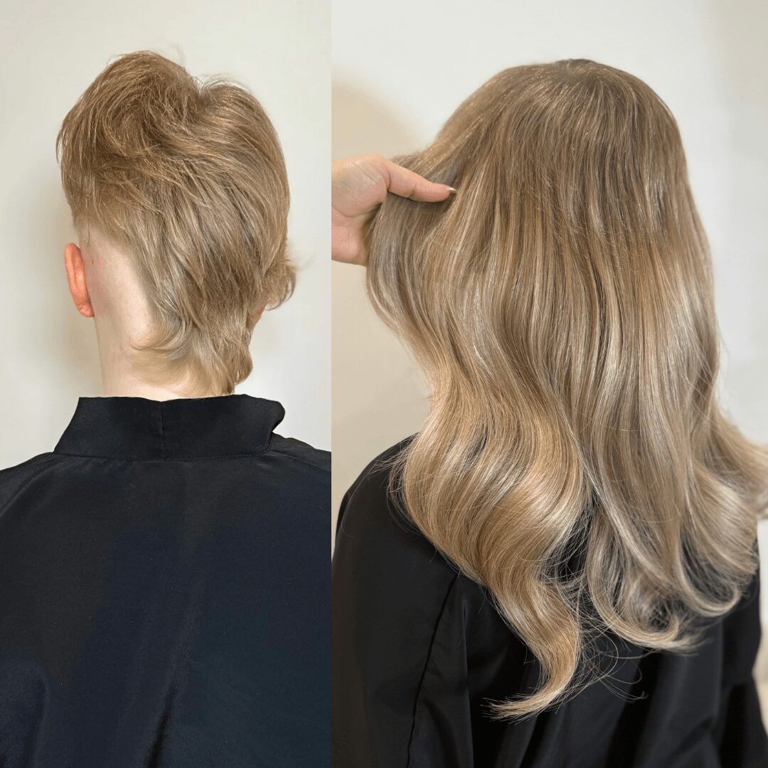 Side-by-side images of a person's hair before and after styling, showing short, layered hair and long, wavy hair.