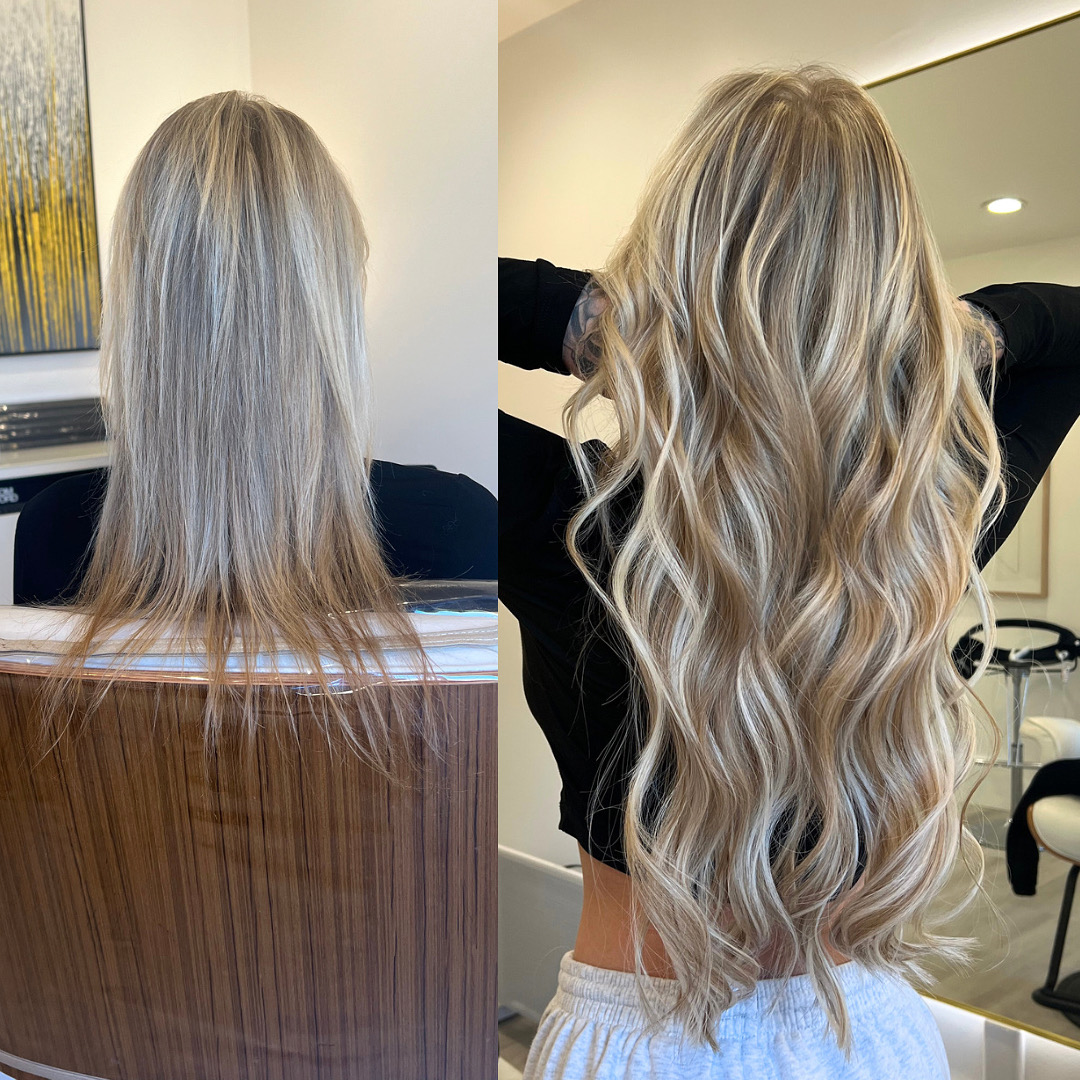 Side-by-side images of a woman with long blonde hair, before and after styling, showing straight and wavy hair.