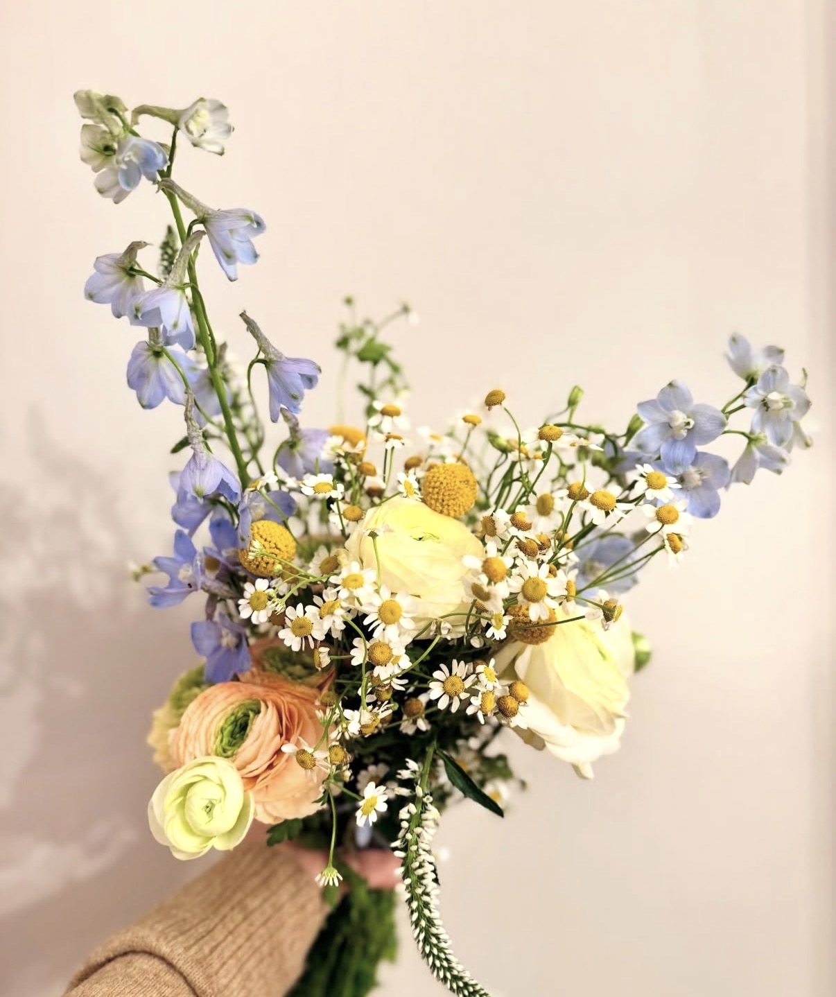 Bouquet of mixed flowers including white roses, daisies, and blue and pink blossoms, held by a person wearing a beige sweater.