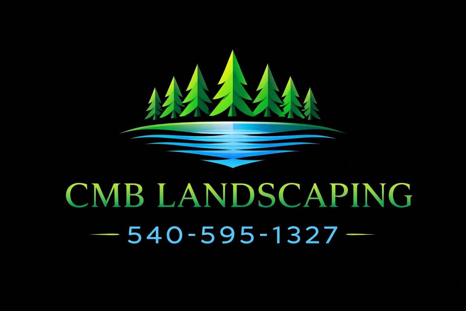 Logo with green trees, blue water, and text 'CMB LANDSCAPING' and phone number on black background.