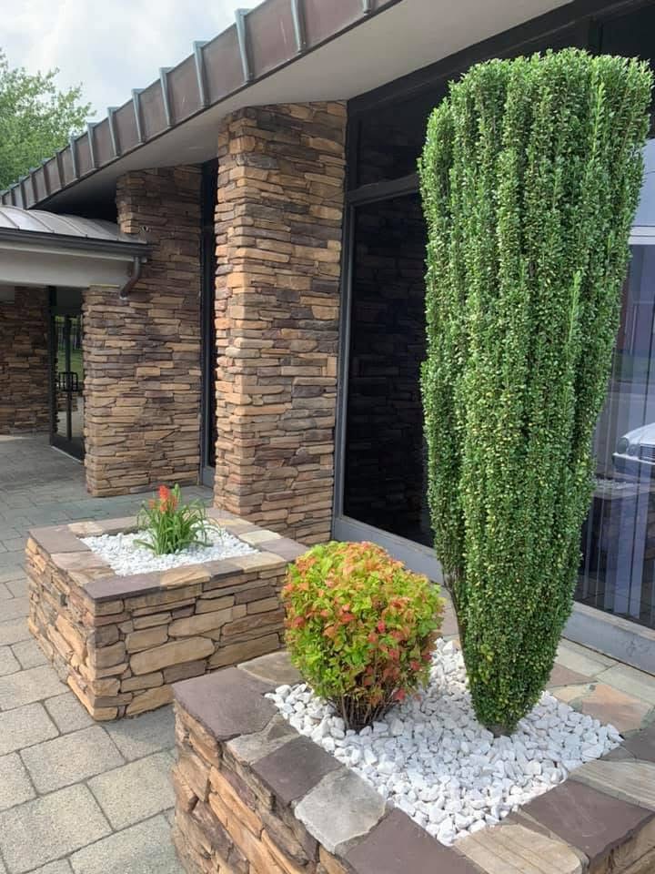 Stone building exterior with tall, narrow green shrub and round bush in stone planter, white gravel, and paved ground.