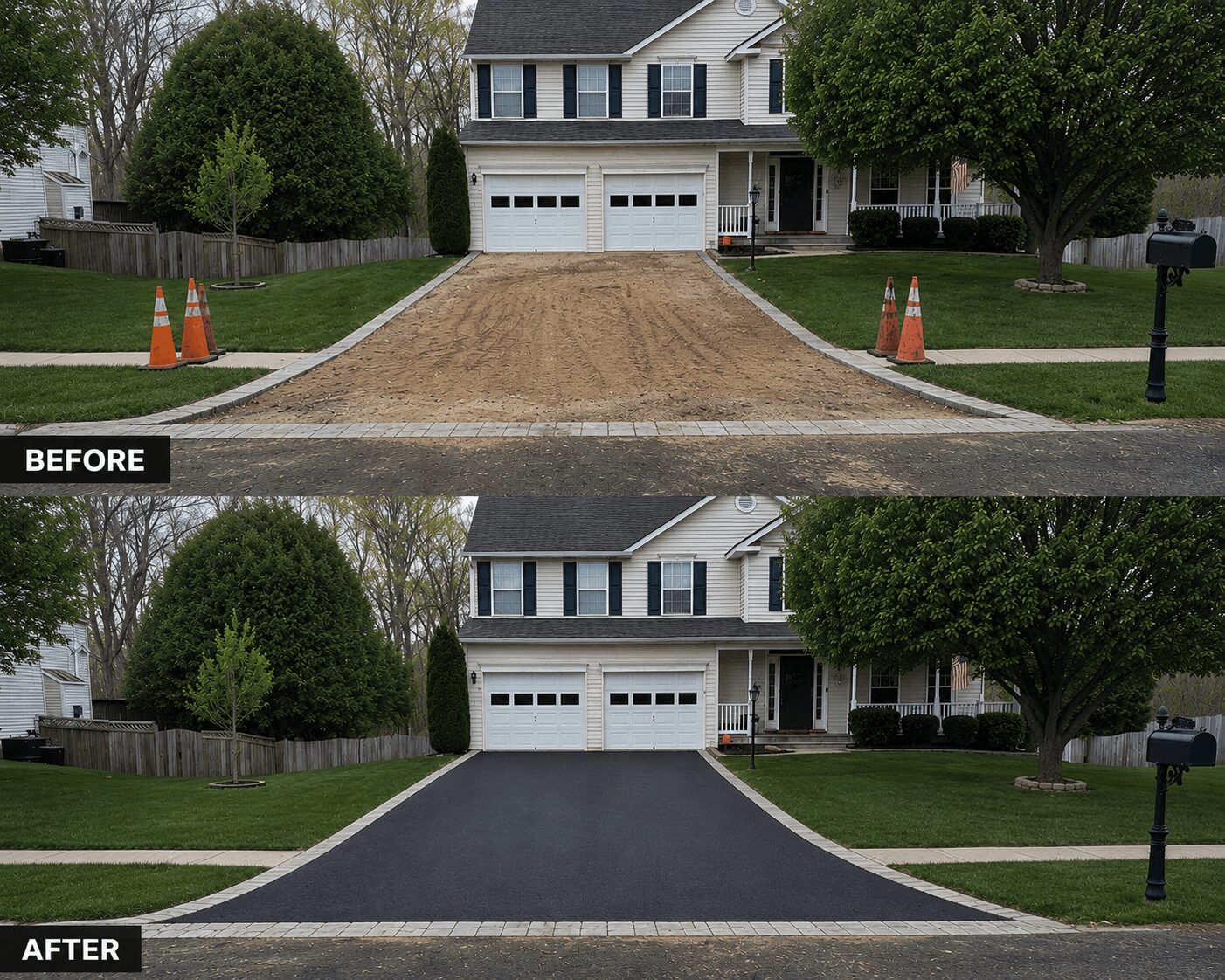 Driveway repaved with black asphalt, house and trees in background, orange cones on sides, mailbox on right.