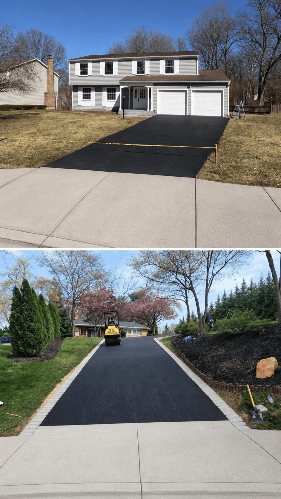 Two images of driveways leading to houses, one with a black asphalt driveway and the other with a freshly paved black driveway, surrounded by lawns and trees.
