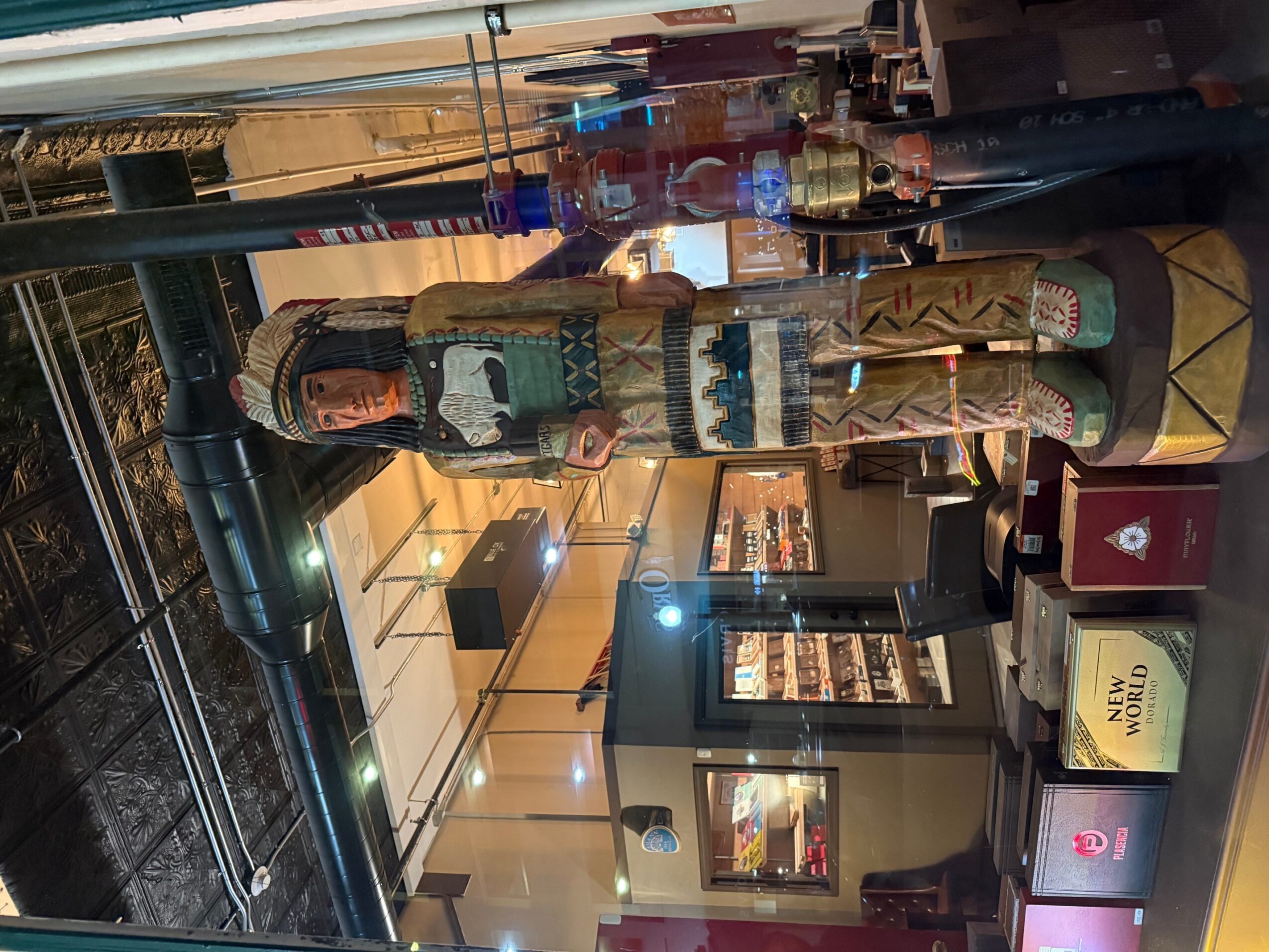 Person standing in a shopping mall, wearing a patterned sweater and beige pants, with store displays and lights in the background.