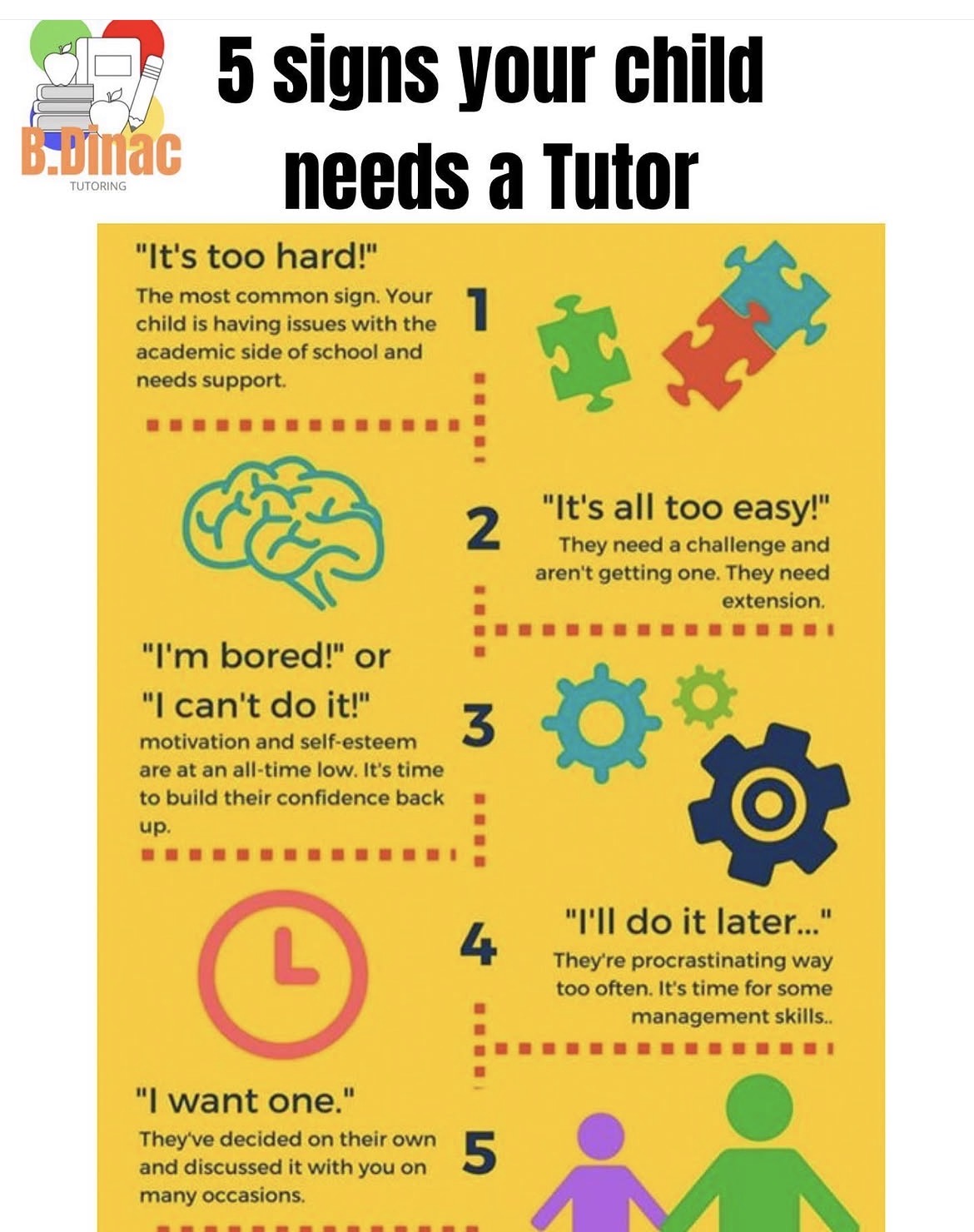 List of five signs indicating a child needs a tutor, with colorful icons and brief descriptions.