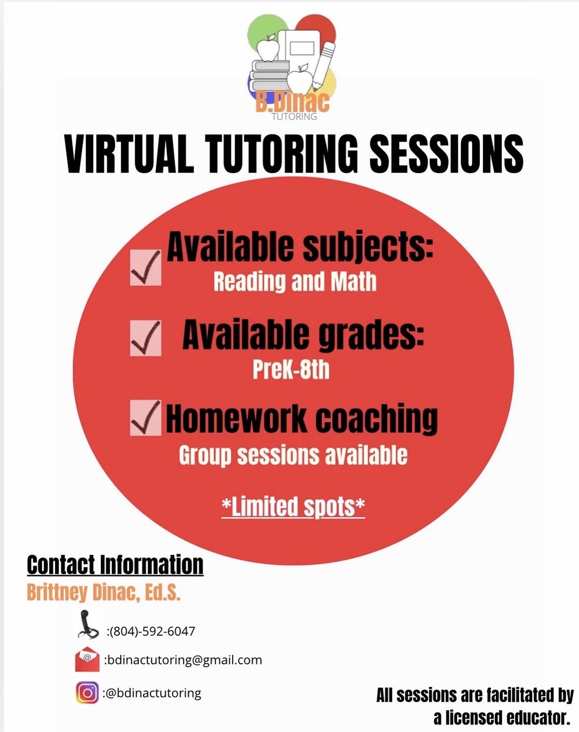 Poster advertising virtual tutoring sessions with available subjects, grades, and coaching details, contact info, and social media icons.