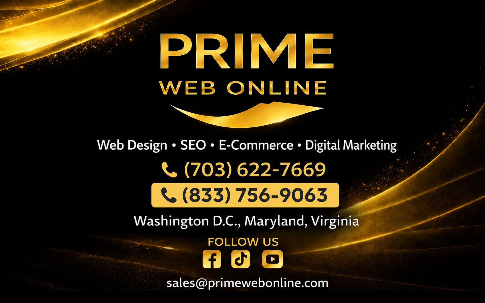 Black background with gold accents, text about web design and marketing, phone numbers, location, and social media icons.