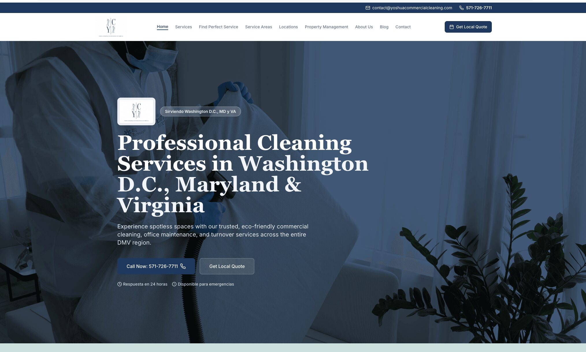 Website homepage with text about professional cleaning services in Washington D.C., Maryland, and Virginia, featuring a person cleaning and plants.
