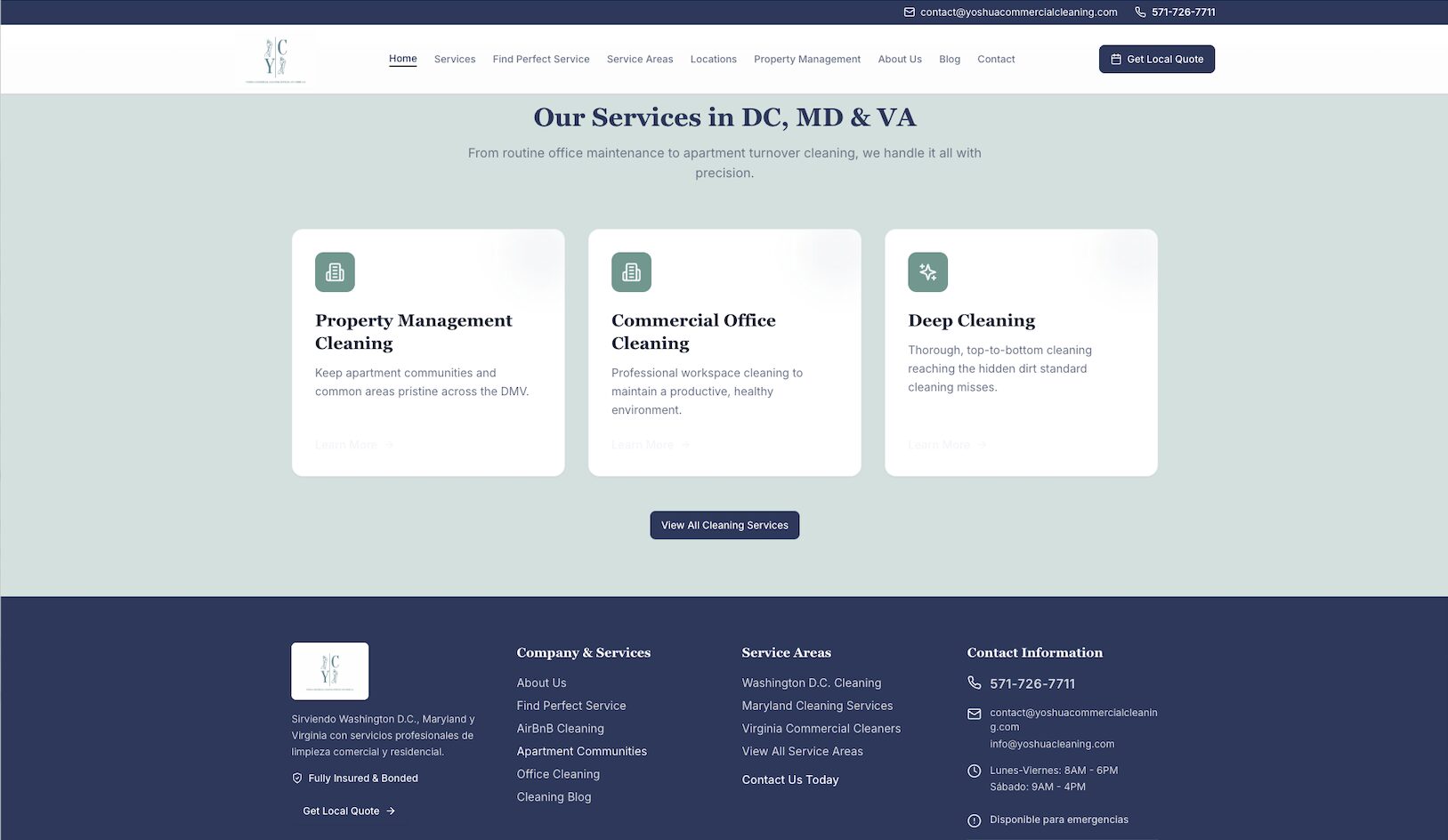 Screenshot of a website offering property management, commercial office cleaning, and deep cleaning services, with a blue and white color scheme.