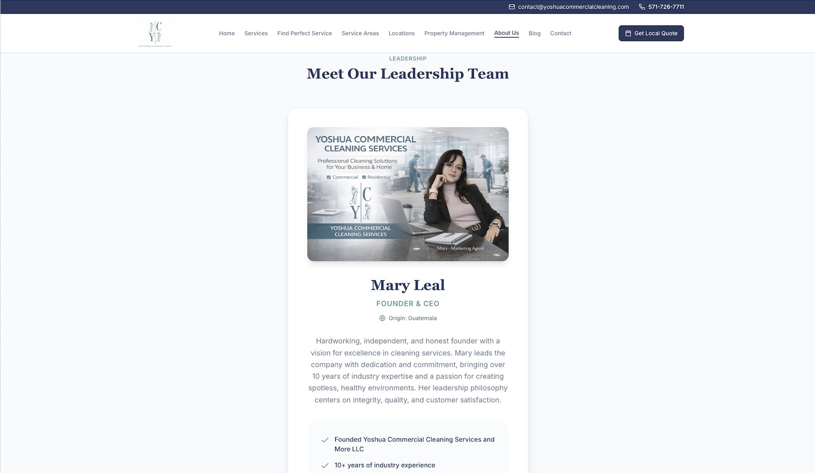 A woman sitting at a desk with a presentation slide behind her, titled 'Meet Our Leadership Team,' with her name and title below.