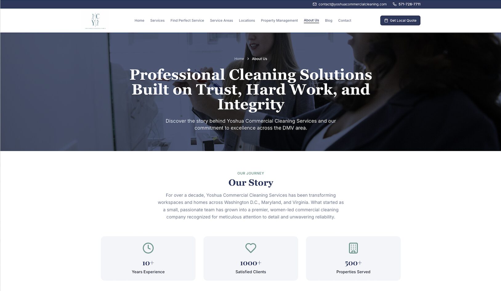 Website homepage with a blue banner, white text about cleaning solutions, and a navigation menu at the top.